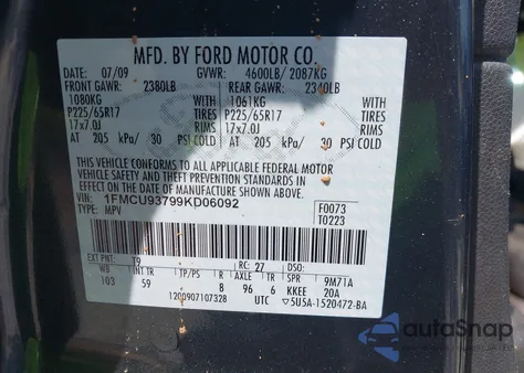 2009 Ford Escape Xlt из США, поврежденный, VIN 1FMCU93799KD06092